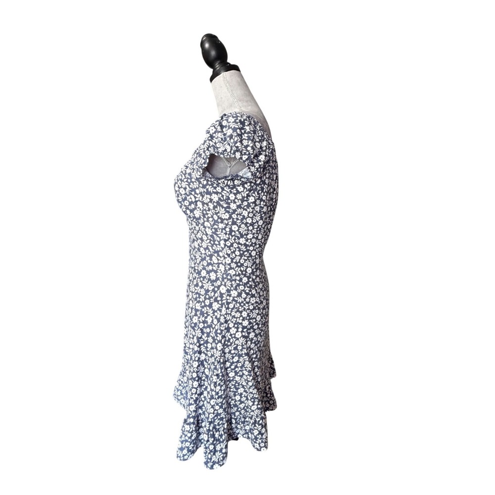 Derek Heart Navy Blue Floral Milkmaid Mini Dress Button Front Ruffle Hem Medium - Picture 5 of 8